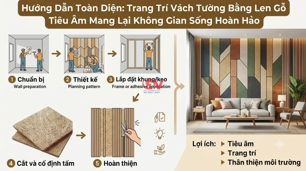 Infographic 5 bước thi công trang trí vách tường bằng len gỗ tiêu âm