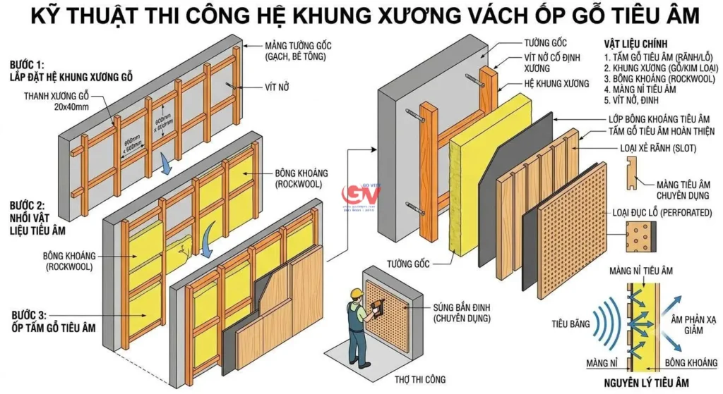 Sơ đồ kỹ thuật thi công hệ khung xương vách ốp gỗ tiêu âm gồm khung gỗ, bông khoáng Rockwool và tấm gỗ tiêu âm