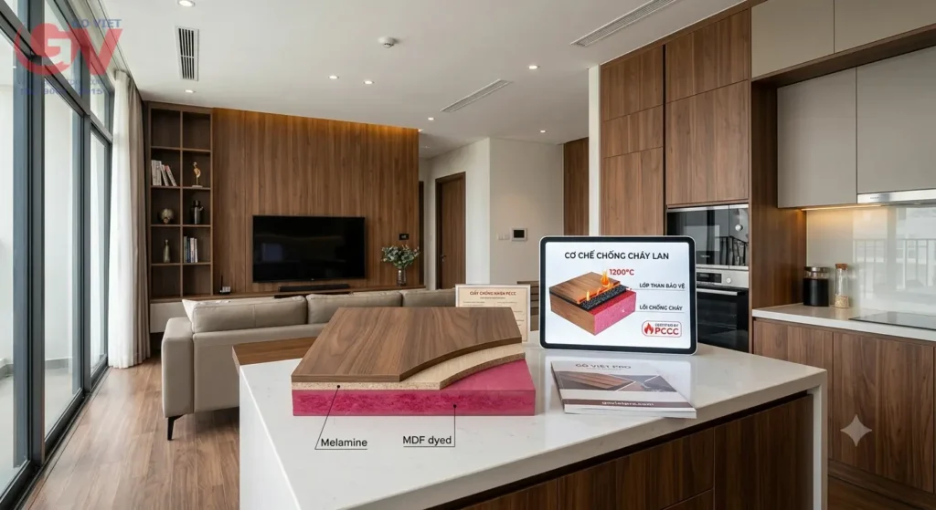 Mẫu ván MDF chống cháy lõi hồng phủ Melamine và sơ đồ cơ chế chống cháy lan trong không gian nội thất.