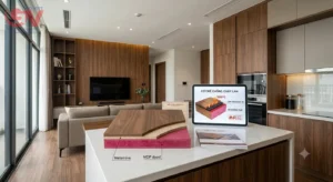 Mẫu ván MDF chống cháy lõi hồng phủ Melamine và sơ đồ cơ chế chống cháy lan trong không gian nội thất.