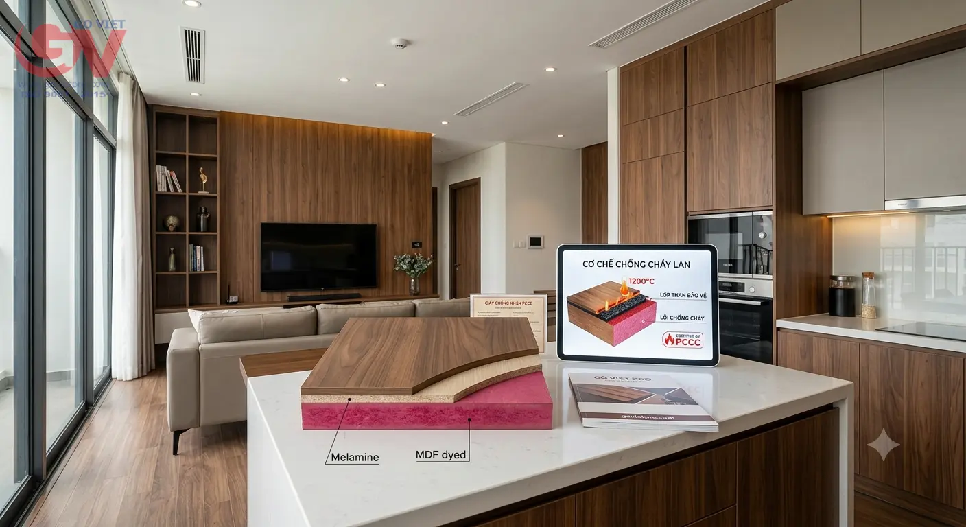 Mẫu ván MDF chống cháy lõi hồng phủ Melamine và sơ đồ cơ chế chống cháy lan trong không gian nội thất.