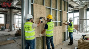 Đội ngũ kỹ thuật Gỗ Việt đang thi công lắp đặt hệ vách cách âm bằng tấm len gỗ tiêu âm chuyên nghiệp.