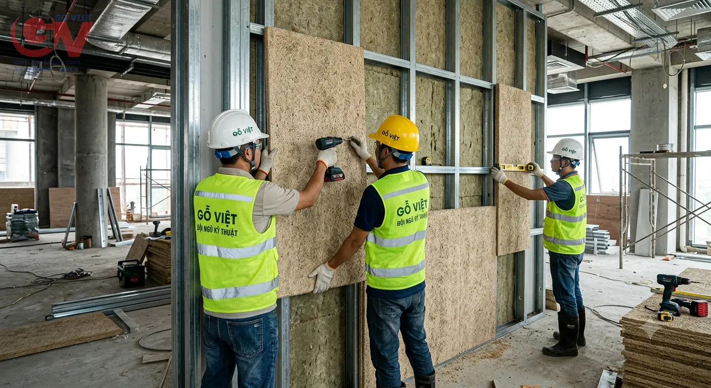 Đội ngũ kỹ thuật Gỗ Việt đang thi công lắp đặt hệ vách cách âm bằng tấm len gỗ tiêu âm chuyên nghiệp.