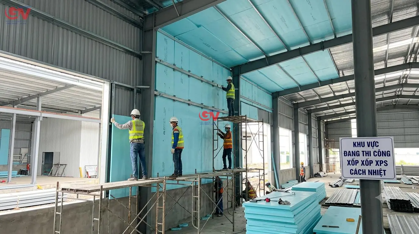 Đội ngũ Gỗ Việt thi công lắp đặt tấm ECO XPS cách nhiệt tại nhà xưởng