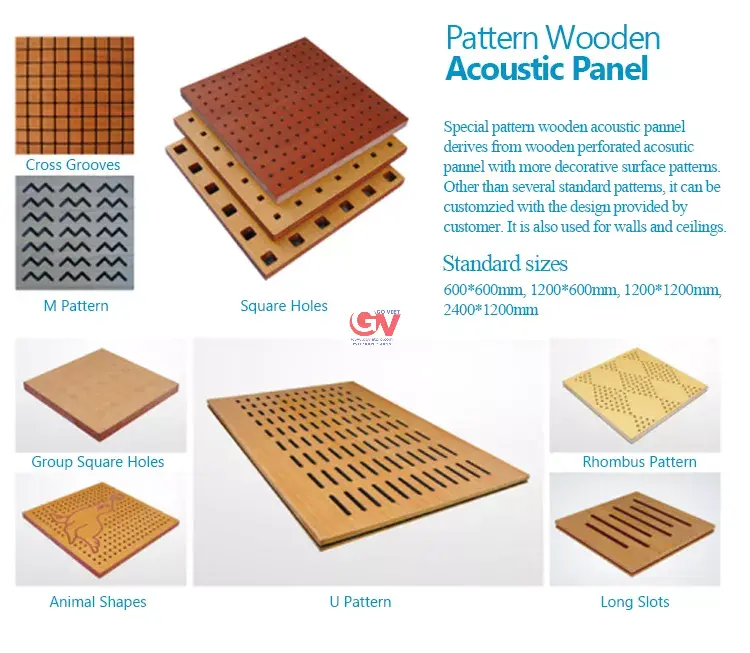Các kiểu bề mặt gỗ tiêu âm MDF: đục lỗ, soi rãnh, hoa văn và kích thước tiêu chuẩn
