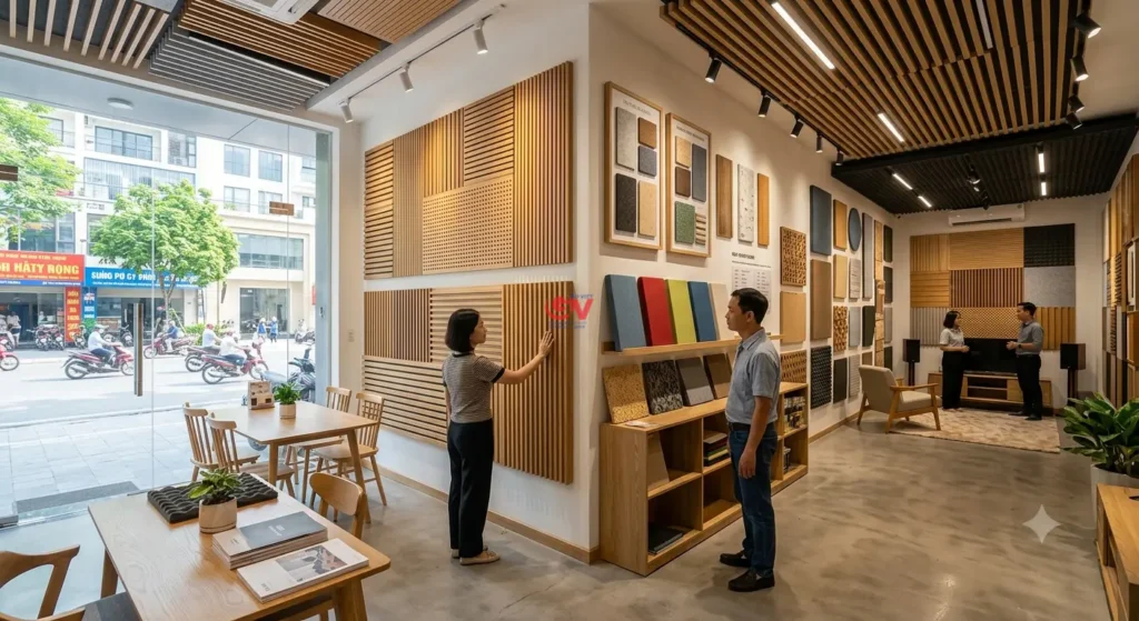 Showroom Gỗ Việt trưng bày mẫu gỗ tiêu âm MDF đục lỗ và soi rãnh