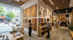 Showroom Gỗ Việt trưng bày mẫu gỗ tiêu âm MDF đục lỗ và soi rãnh
