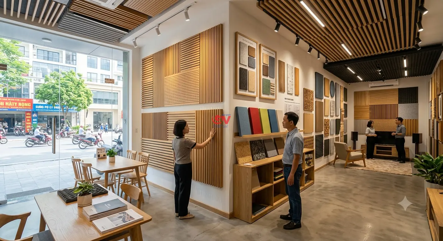 Showroom Gỗ Việt trưng bày mẫu gỗ tiêu âm MDF đục lỗ và soi rãnh