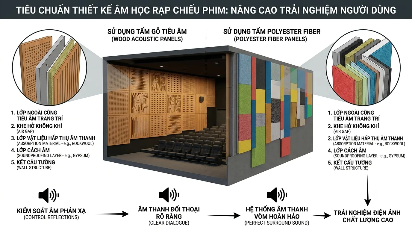 Tiêu chuẩn thiết kế âm học rạp chiếu phim với tấm gỗ tiêu âm và tấm polyester fiber