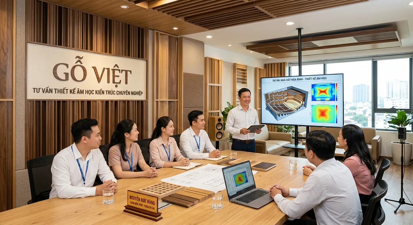 Đội ngũ Gỗ Việt tư vấn thiết kế âm học kiến trúc tại showroom, mô phỏng âm học nhà hát