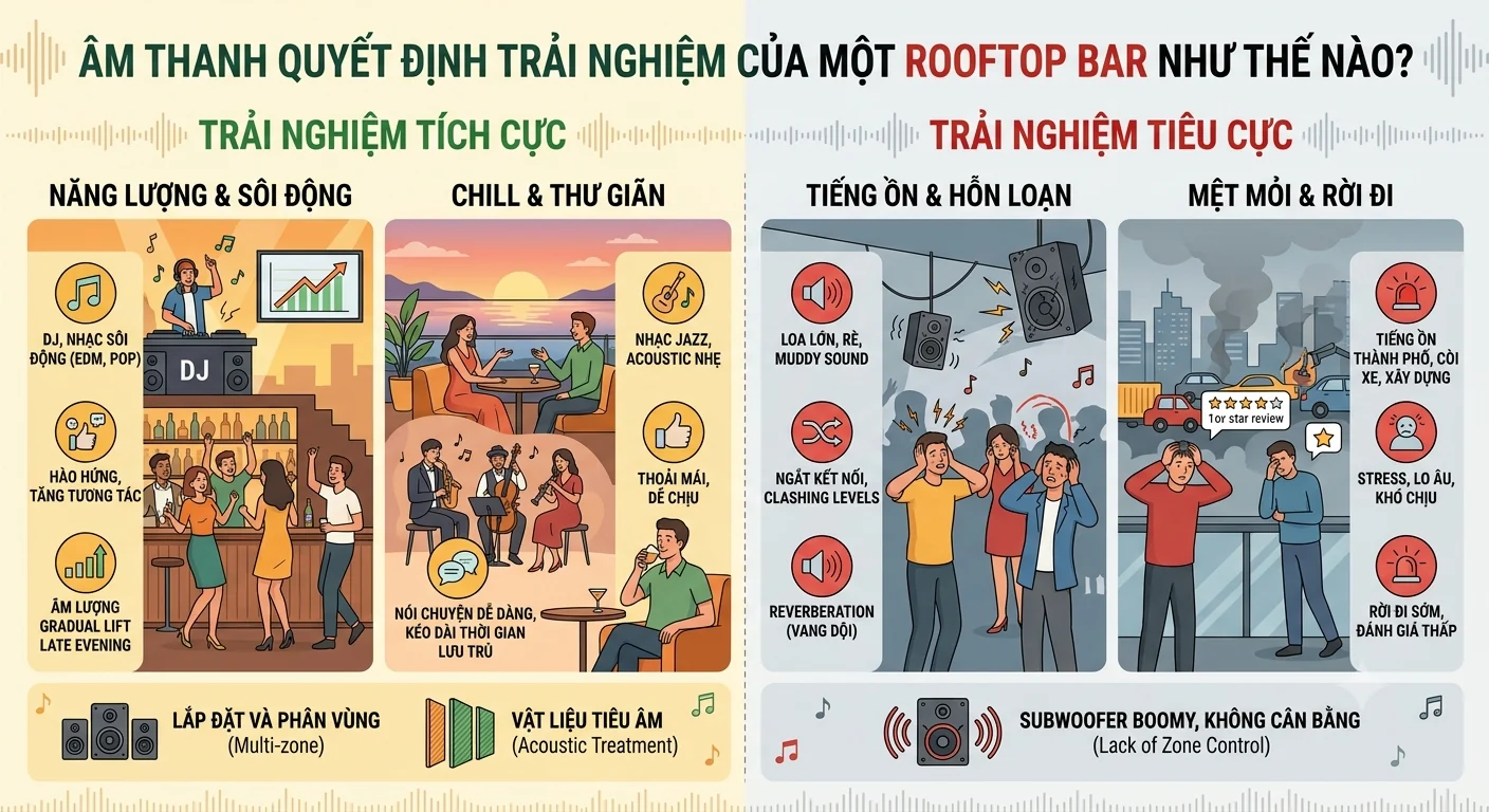 Infographic so sánh trải nghiệm âm thanh tích cực và tiêu cực tại rooftop bar