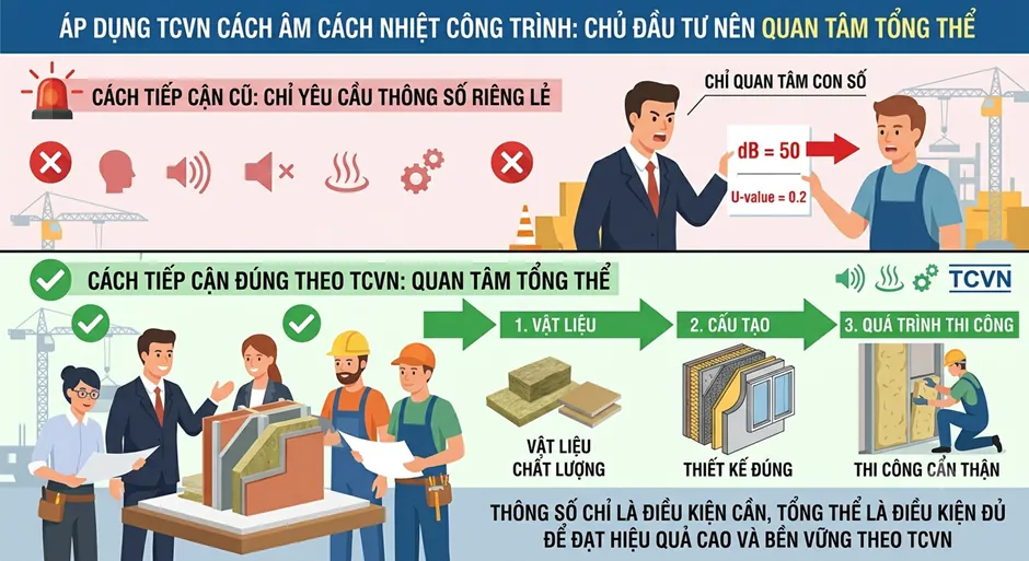 Infographic áp dụng TCVN cách âm cách nhiệt công trình: quan tâm tổng thể gồm vật liệu, cấu tạo và thi công