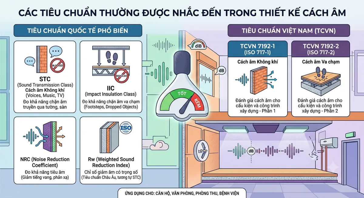 Infographic các tiêu chuẩn thiết kế cách âm: STC, IIC, NRC, Rw và TCVN 7192-1, TCVN 7192-2