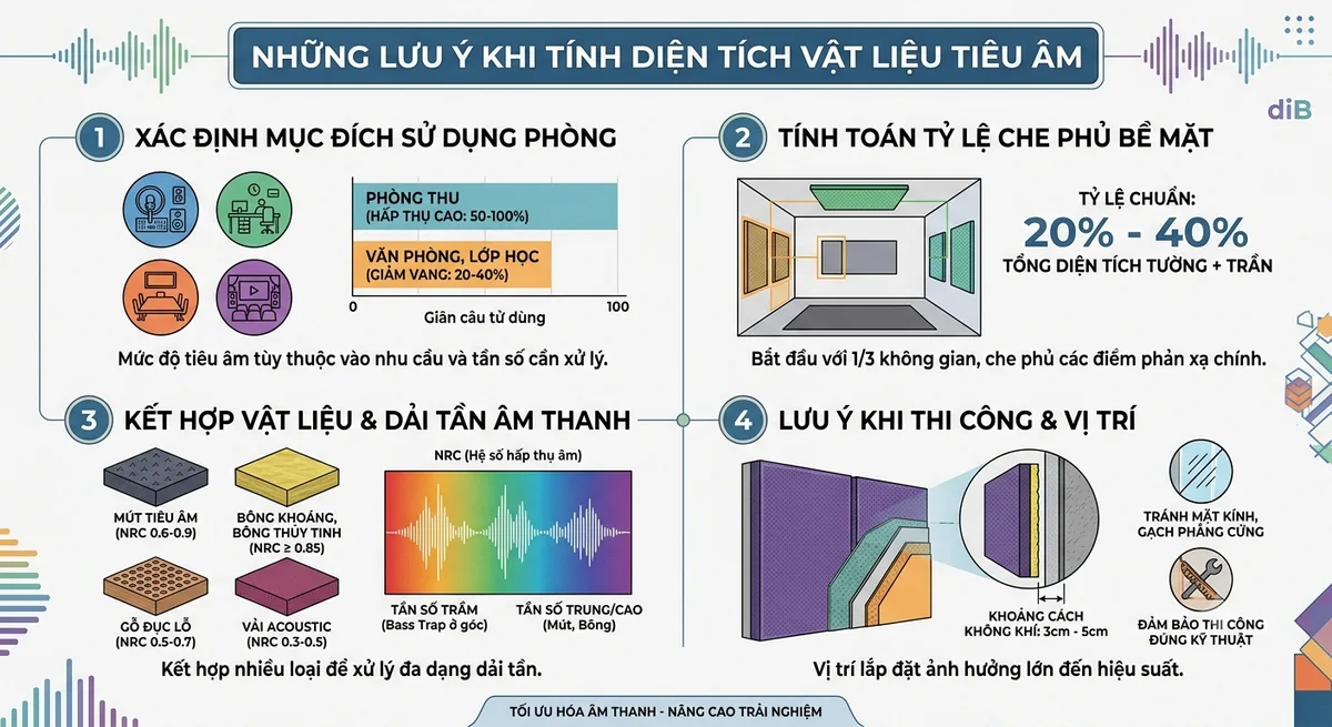 Infographic về các lưu ý khi tính diện tích vật liệu tiêu âm: công năng phòng, bề mặt, loại vật liệu và vị trí lắp đặt.