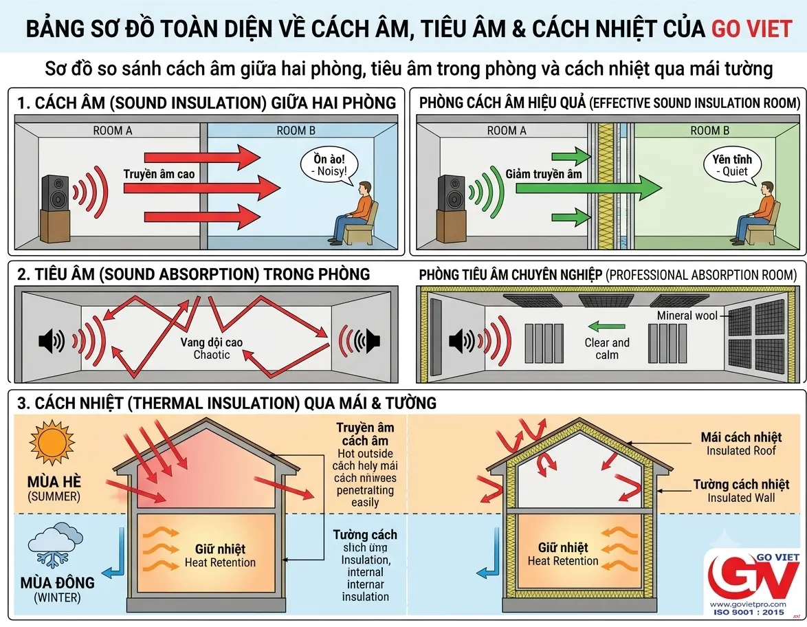 Sơ đồ so sánh cách âm giữa hai phòng, tiêu âm trong phòng và cách nhiệt qua mái tường