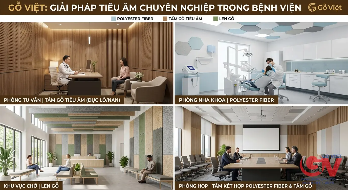 Minh họa giải pháp tiêu âm cho phòng tư vấn, phòng nha khoa, khu chờ và phòng họp bằng gỗ tiêu âm, Polyester Fiber và len gỗ.