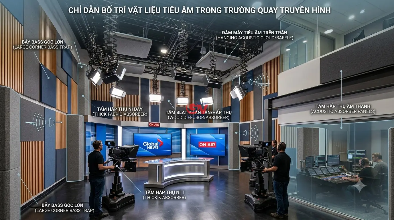 Hướng dẫn chi tiết cách bố trí vật liệu tiêu âm, bẫy bass trap và tấm hấp thụ âm thanh trong trường quay studio