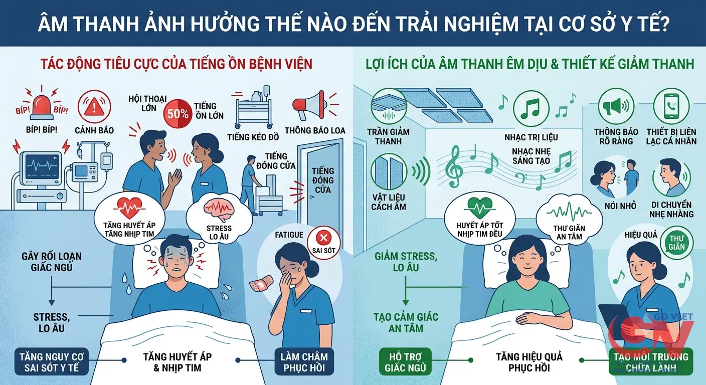 Infographic minh họa các nguồn âm thanh và hướng xử lý âm học trong cơ sở y tế.