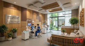 Phối cảnh minh họa phòng nha khoa kết hợp các mảng ốp tường vân gỗ và tấm tiêu âm treo trần.