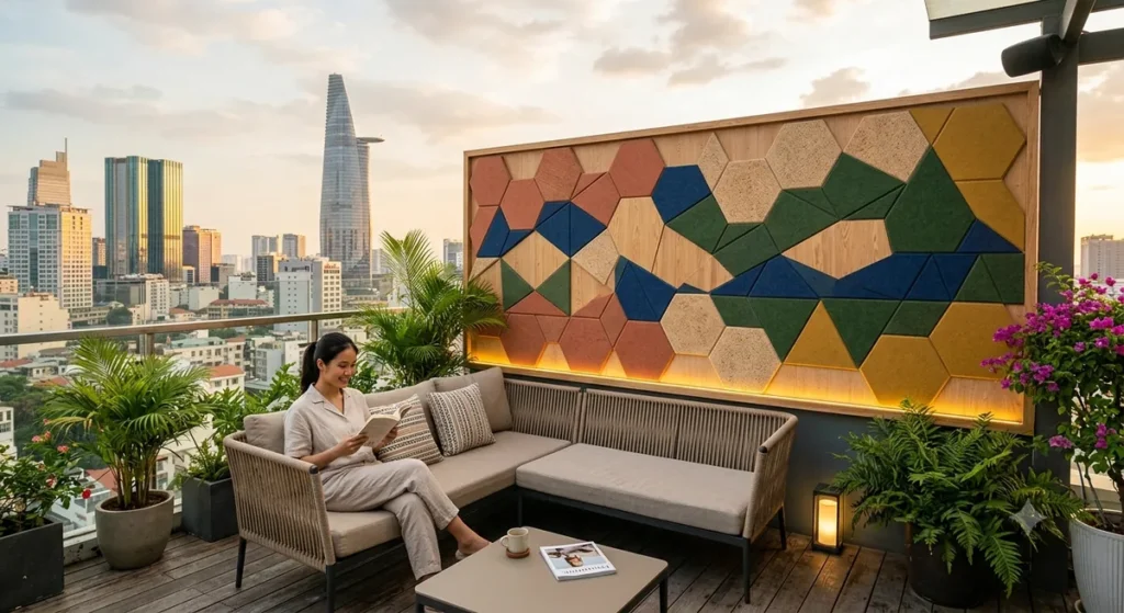 Tiêu âm rooftop bar ngoài trời bằng vách tấm tiêu âm hình học tại khu lounge