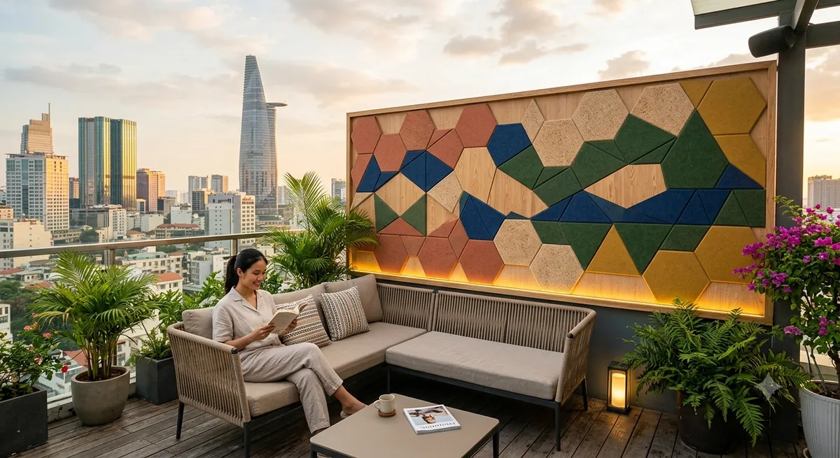 Tiêu âm rooftop bar ngoài trời bằng vách tấm tiêu âm hình học tại khu lounge