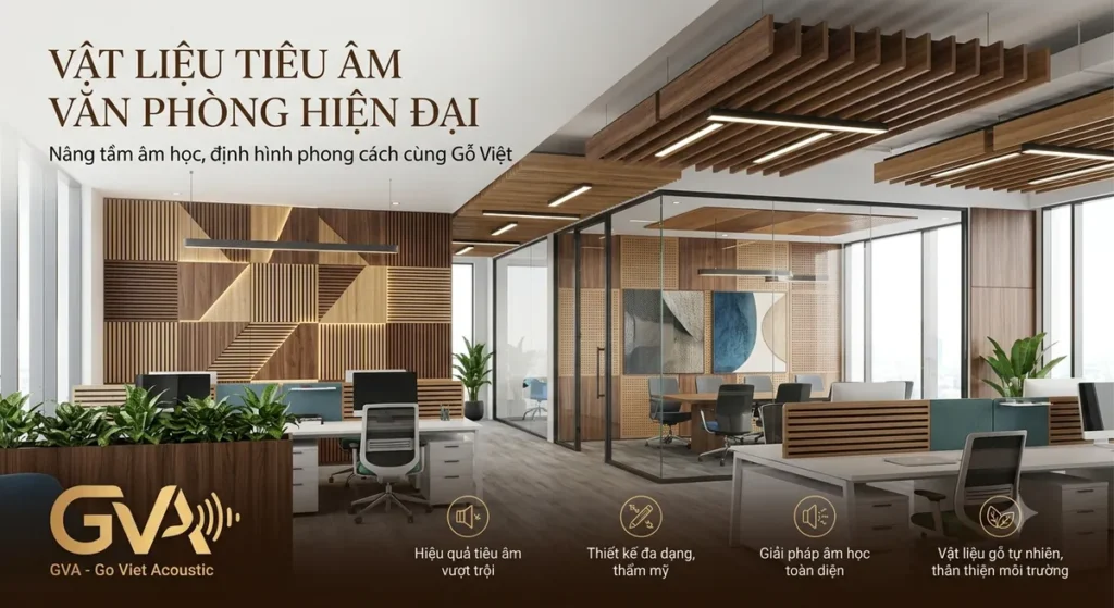 Không gian văn phòng hiện đại sử dụng vật liệu tiêu âm trang trí bằng gỗ và len gỗ tại Gỗ Việt