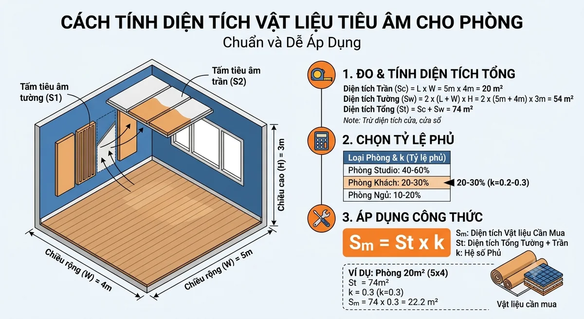 Sơ đồ minh họa đo kích thước phòng, tính diện tích tường và trần, rồi ước tính lượng tấm tiêu âm cần dùng.