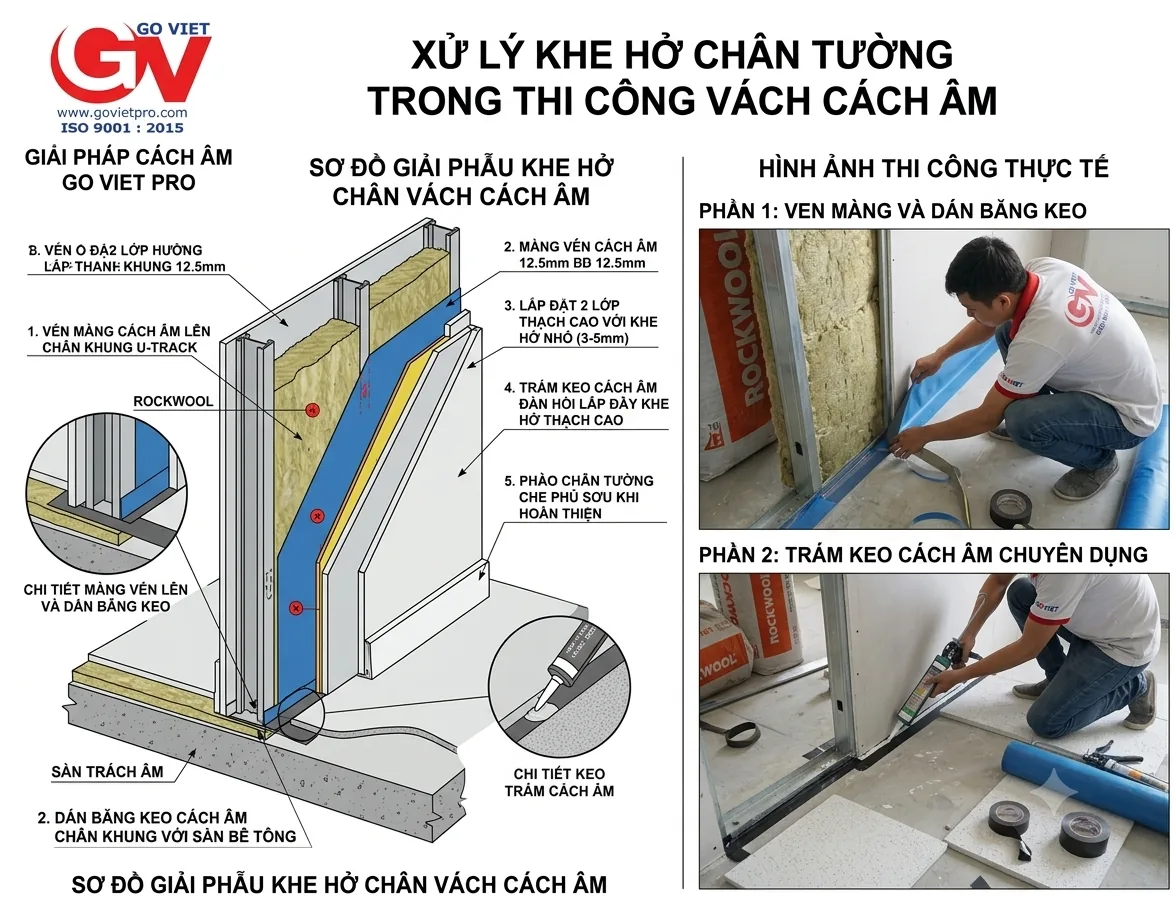 Sơ đồ và hình ảnh thi công xử lý khe hở chân tường vách cách âm: vén màng, dán băng keo, trám keo cách âm