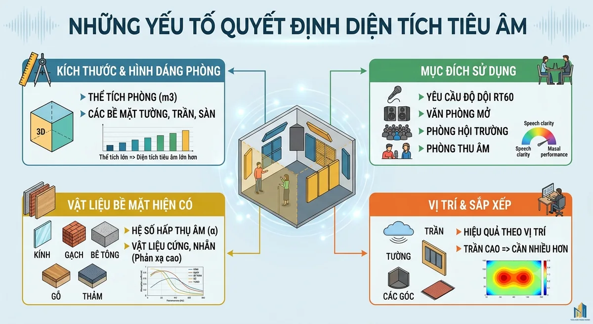 Infographic về các yếu tố ảnh hưởng đến diện tích tiêu âm gồm thể tích phòng, mục đích sử dụng, vật liệu bề mặt và vị trí lắp đặt.